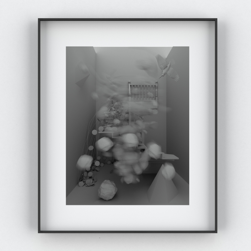 eine digitale Schwarz-weiss-Collage in einem schwarzen Bilderrahmen