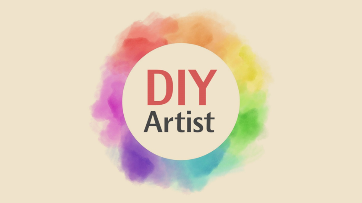 der Schristzug DIY Artist in einem Kreis aus bunten Aquarell-Farben