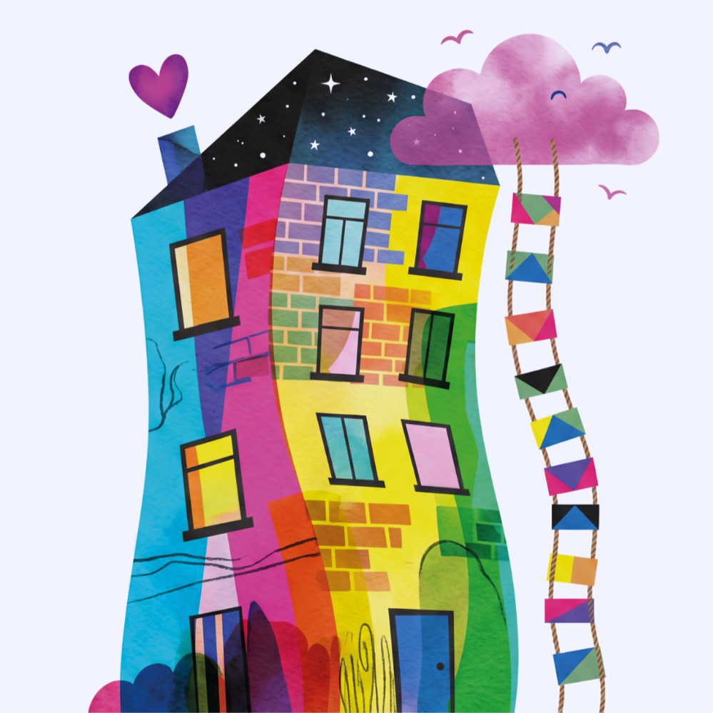 eine bunte Illustration eines geschwungenen Hauses aus dessen Schornstein ein Herz fliegt, daneben führt ine Strickleiter in eine rosa Wolk