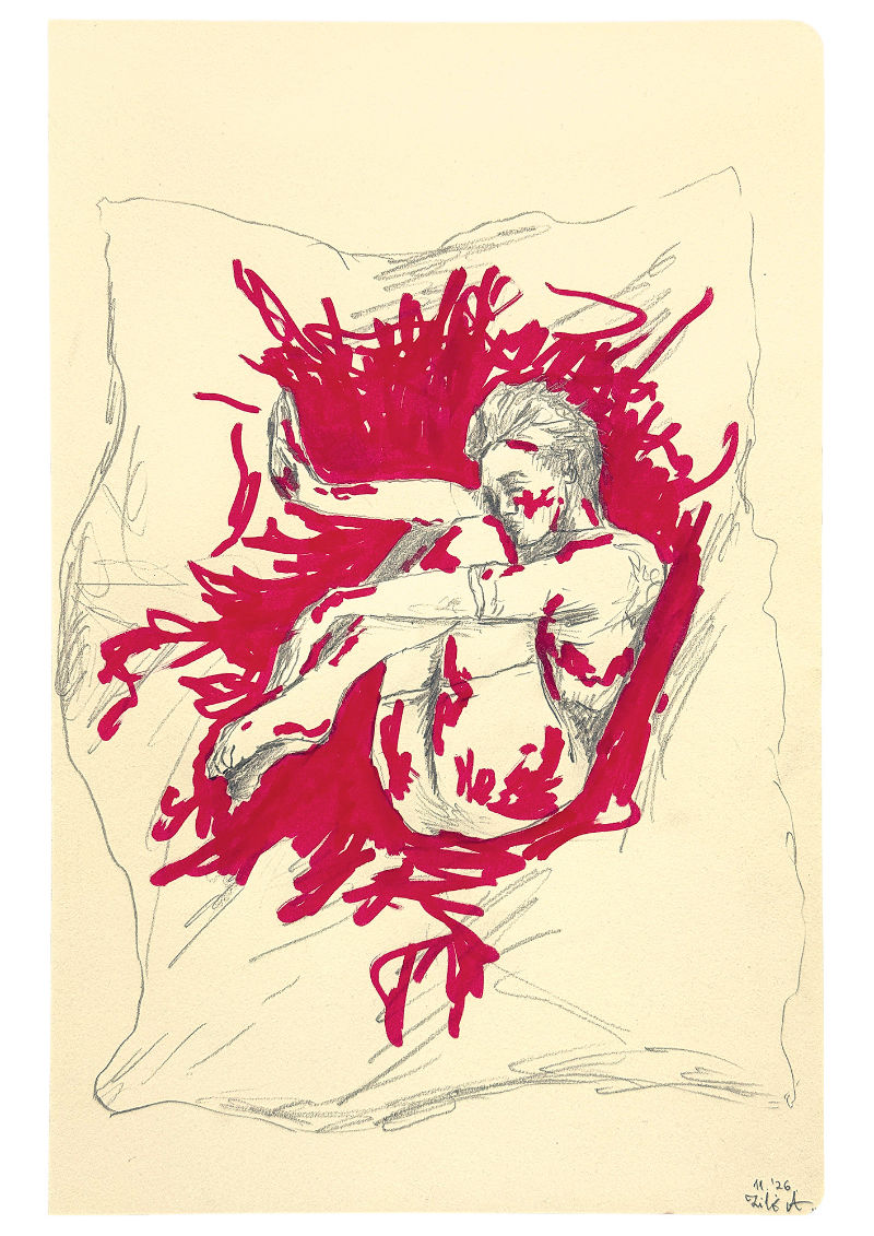 Eine Bleistift-Zeichnung einer zusammengekauerten Figur umgeben von roten Linien