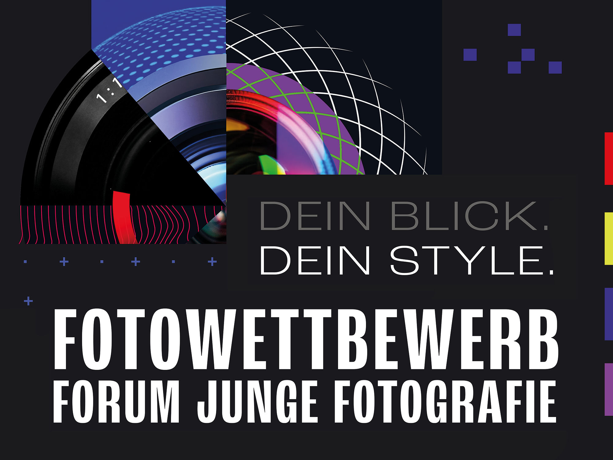 Die Grafik einer Fotolinse in verschiedenen geometrischen Mustern auf einem schwarzen Hintergrund. Darunter der Titel des Fotowettbewerbs.