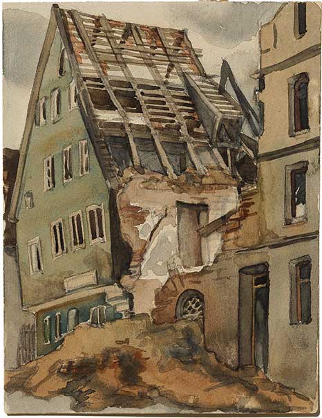 Aquarellzeichnung eins zerstörten Hauses von Hanna Forster