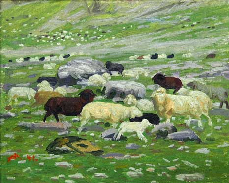 Gemälde mit einer Schafherde auf einer Weide