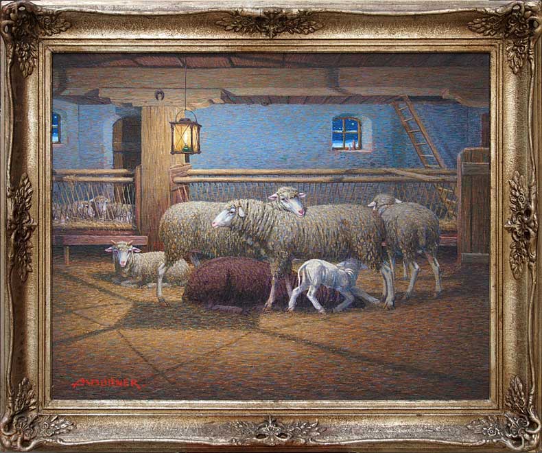 Gemälde mit Schafen, die sich im Stall aneinander schmiegen