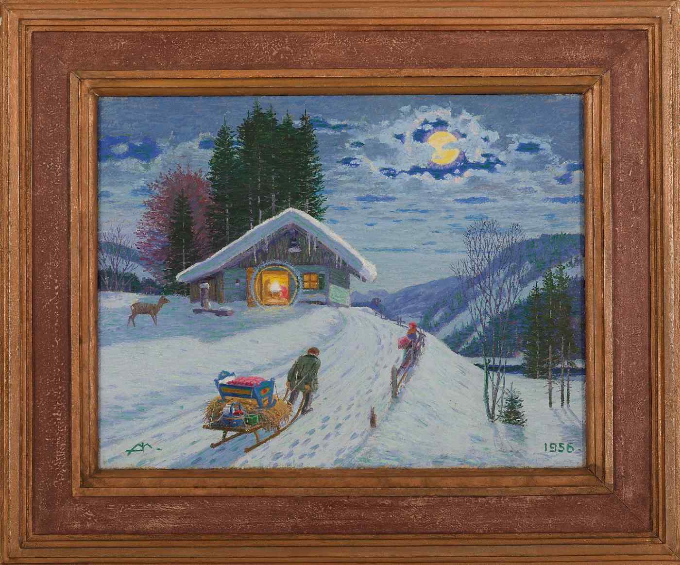 Gemälde mit einer verschneiten Berglandschaft, in einer Hütte leuchtet ein warmes Licht, eine Person zieht einen Schlitten mit einer Krippe durch den Schnee