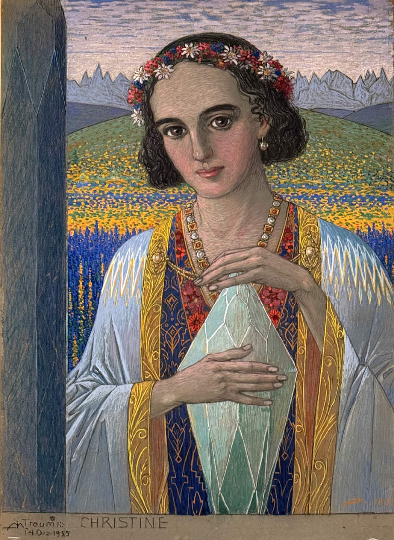 Zeichnung einer Frau mit Blumenkranz auf dem Kopf und einem großen Kristall in den Händen vor einer Berglandschaft