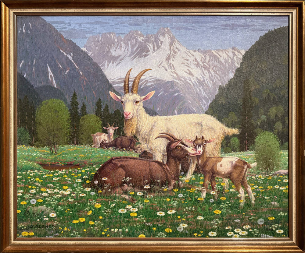 ein Gemälde mit einer Gruppe von Ziegen auf einer blumenbewachsenen Weide vor einer Bergkulisse