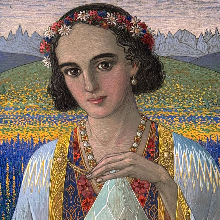 Zeichnung einer Frau mit Blumenkranz auf dem Kopf und einem großen Kristall in den Händen vor einer Berglandschaft