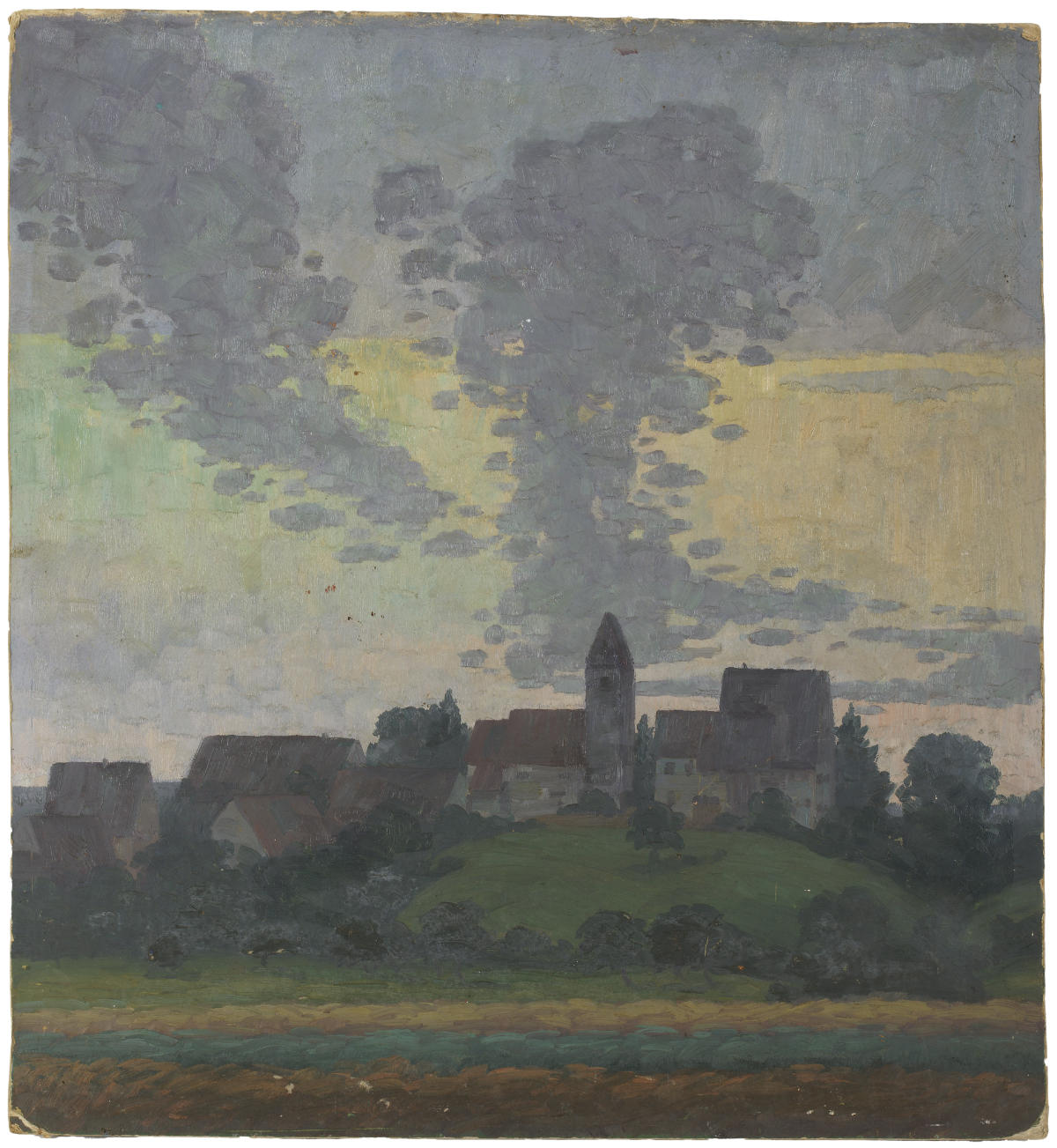 Malerei einer hügeligen Landschaft mit Häuserdächern einer Ortschaft unter wolkigem Himmel