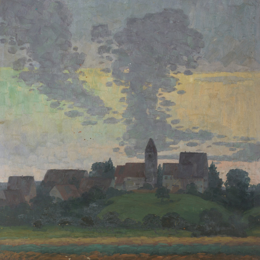 Malerei einer hügeligen Landschaft mit Häuserdächern einer Ortschaft unter wolkigem Himmel