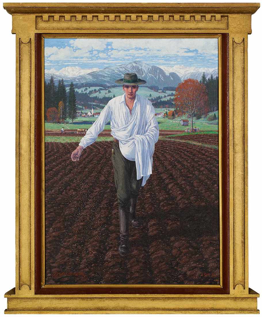 Bild eines Bauern, der auf dem Feld die Saat ausbringt