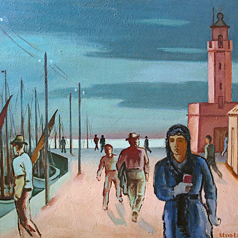 Gemälde mit Menschen und Booten in einem Hafen
