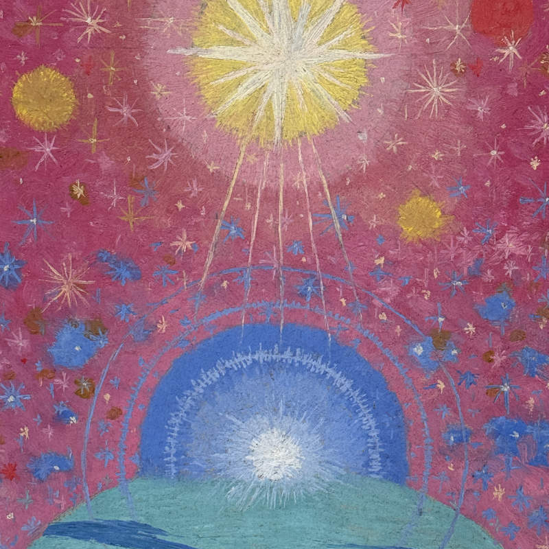 ein Gemälde mit einem gelben strahlenden Kreis und einem blauen Kreis, umgeben von vielen kleineren Kreisen auf pinkfarbenem Hintergrund